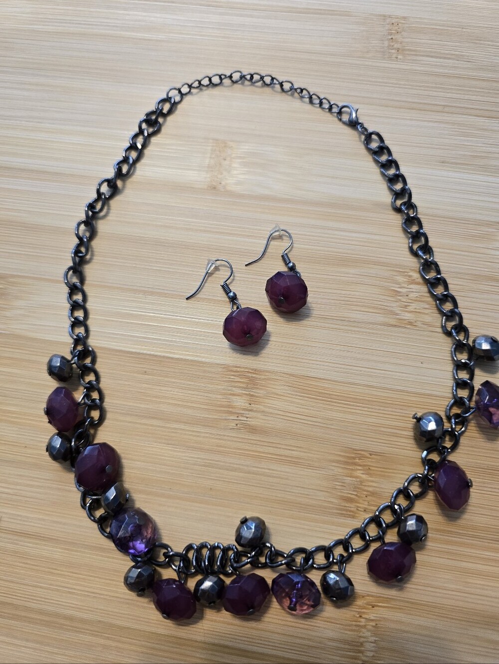 ☠️💜 Runway Rebel Purple & Gunmetal Beaded Cluster Fringe Statement Necklace Set